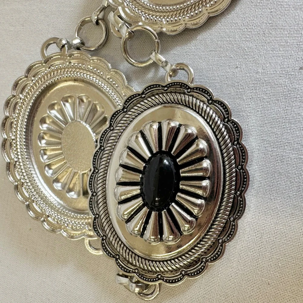 Silver Concho Chain Belt Black Faux Stone Western Boho Adjustable XS/Small‎